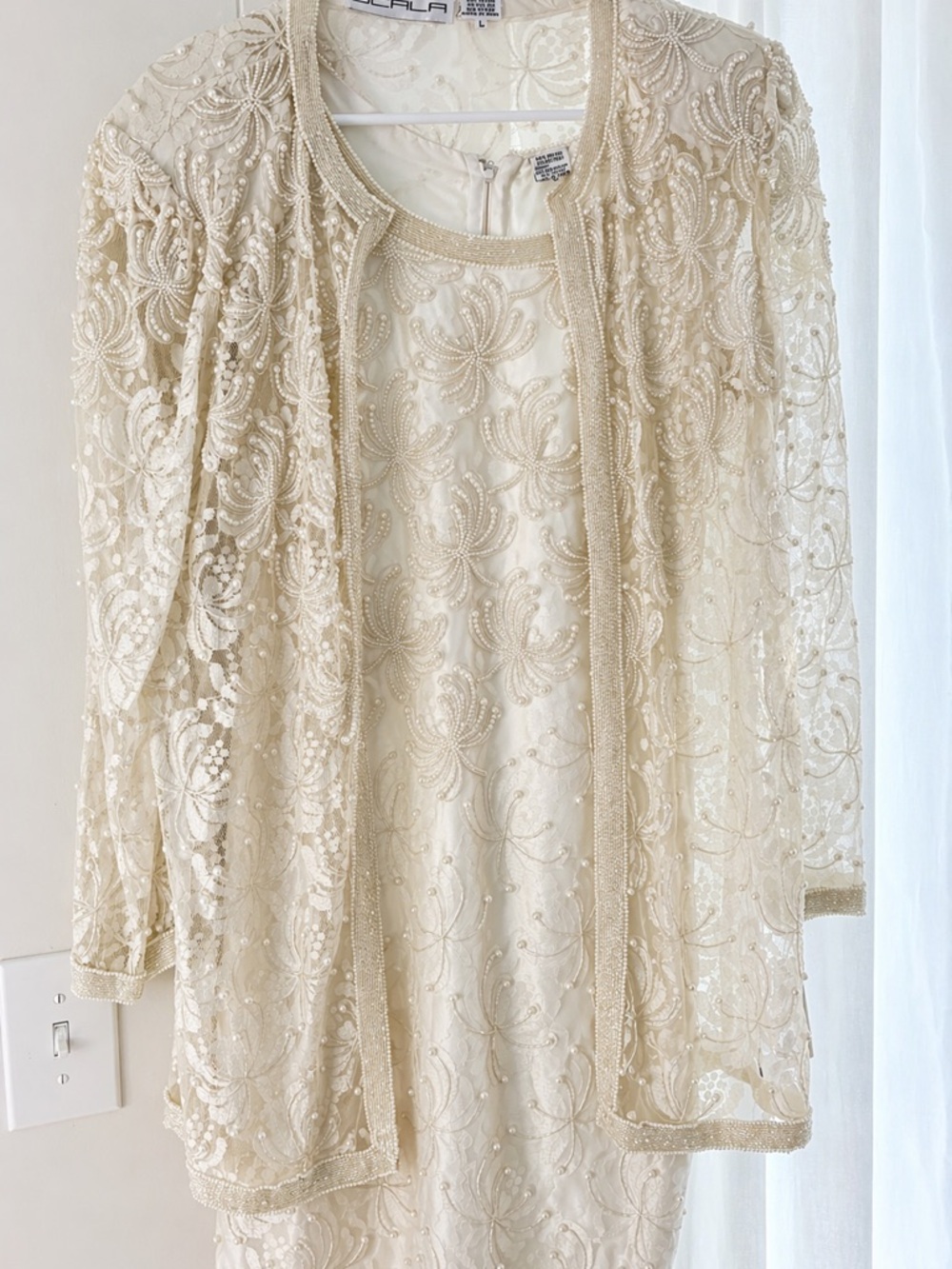 Scala Ivory Beaded Long Sleeve Dress with Sheer Jacket large